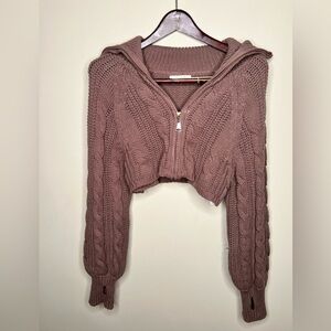 Grey Bandit Brown Cable knit Cropped Zip Up Hoodie Sweater. Size Small